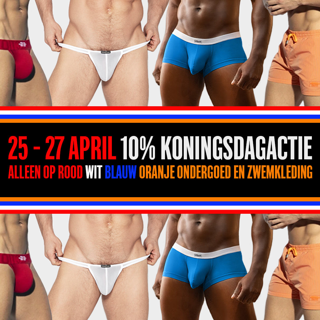 ORANJE BOVEN? OOK ERONDER! VIER KONINGSDAG MET EEN KNALLENDE 10% KORTINGSACTIE OP HERENONDERGOED EN ZWEMBROEKEN